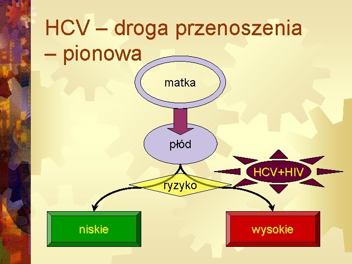 HCV – droga przenoszenia – pionowa matka płód ryzyko niskie HCV+HIV wysokie 