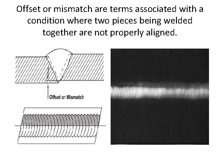 Offset or mismatch are terms associated with a condition where two pieces being welded Offset or mismatch are terms associated with a condition where two pieces being welded
