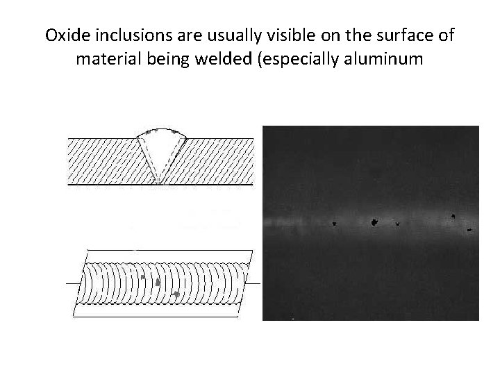 Oxide inclusions are usually visible on the surface of material being welded (especially aluminum Oxide inclusions are usually visible on the surface of material being welded (especially aluminum