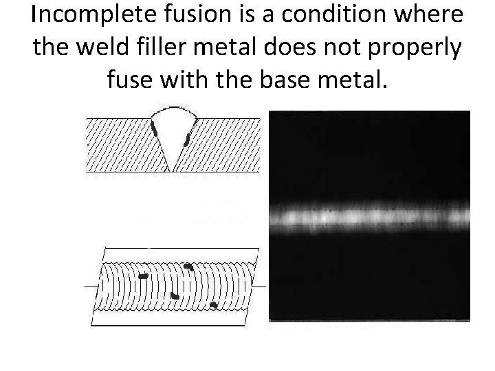 Incomplete fusion is a condition where the weld filler metal does not properly fuse Incomplete fusion is a condition where the weld filler metal does not properly fuse