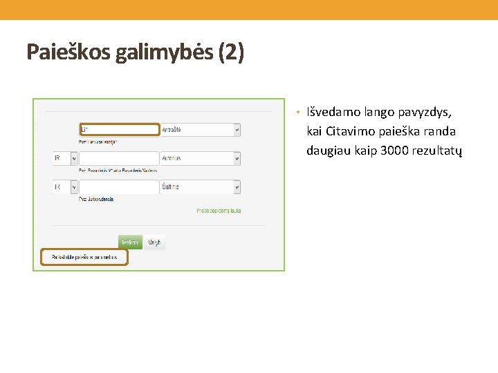 Paieškos galimybės (2) • Išvedamo lango pavyzdys, kai Citavimo paieška randa daugiau kaip 3000