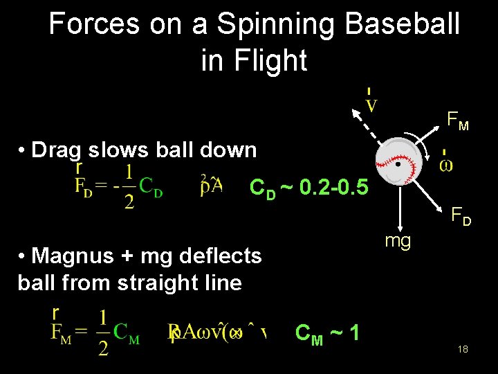 Forces on a Spinning Baseball in Flight FM • Drag slows ball down CD