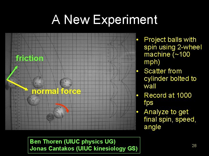 A New Experiment friction normal force • Project balls with spin using 2 -wheel