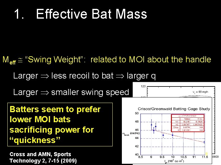 1. Effective Bat Mass Meff “Swing Weight”: related to MOI about the handle Larger