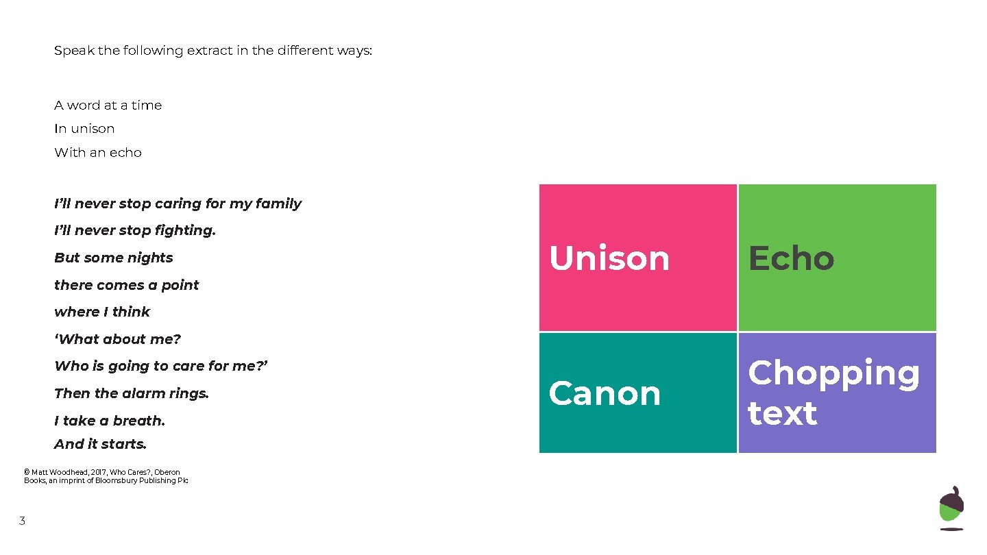 Speak the following extract in the different ways: A word at a time In