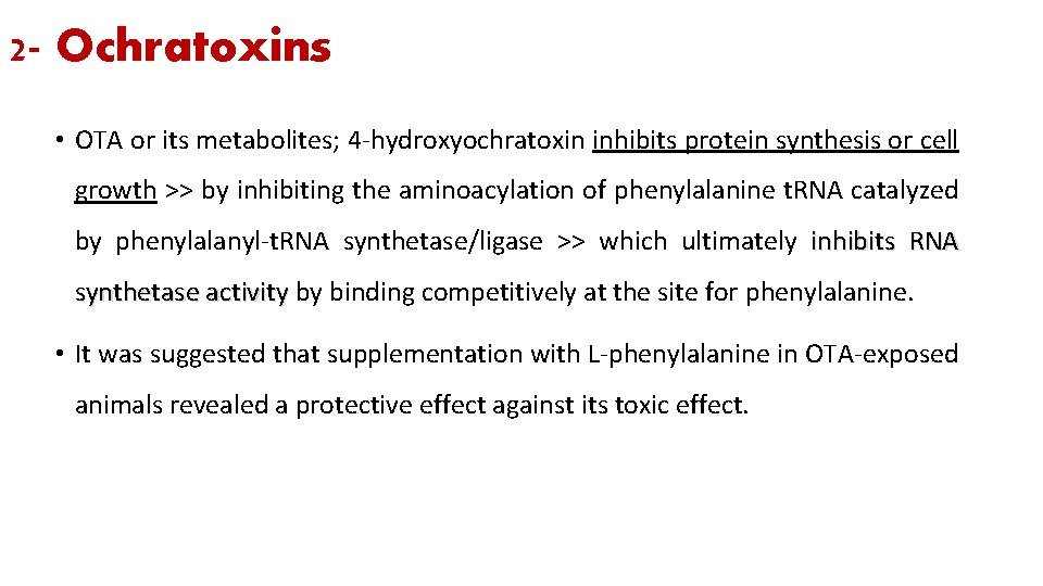 2 - Ochratoxins • OTA or its metabolites; 4 -hydroxyochratoxin inhibits protein synthesis or