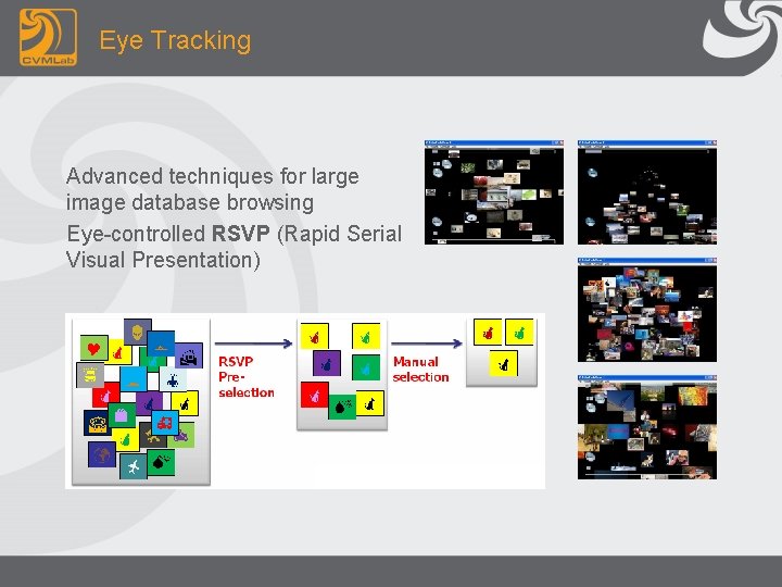 Eye Tracking Advanced techniques for large image database browsing Eye-controlled RSVP (Rapid Serial Visual