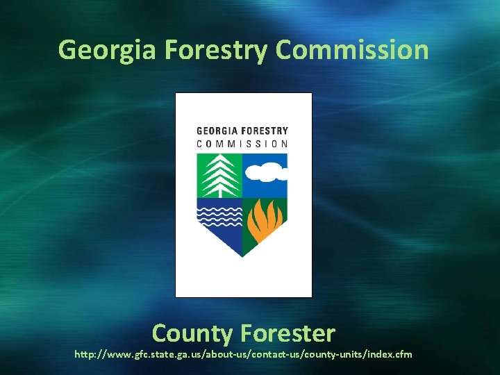 Georgia Forestry Commission County Forester http: //www. gfc. state. ga. us/about-us/contact-us/county-units/index. cfm 