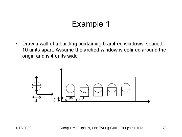 Example 1 • Draw a wall of a building containing 5 arched windows, spaced