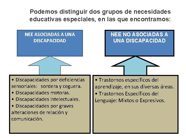 Podemos distinguir dos grupos de necesidades educativas especiales, en las que encontramos: NEE ASOCIADAS