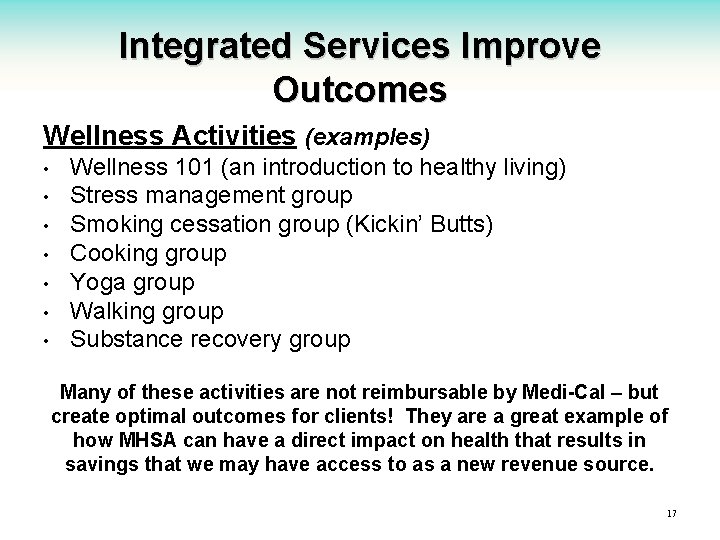 Integrated Services Improve Outcomes Wellness Activities (examples) • • Wellness 101 (an introduction to