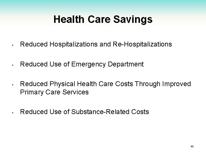 Health Care Savings • Reduced Hospitalizations and Re-Hospitalizations • Reduced Use of Emergency Department