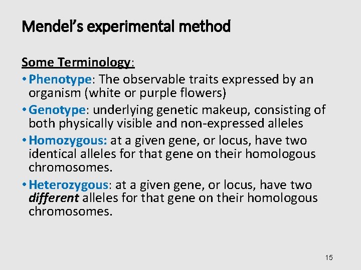 Mendel’s experimental method Some Terminology: • Phenotype: The observable traits expressed by an organism