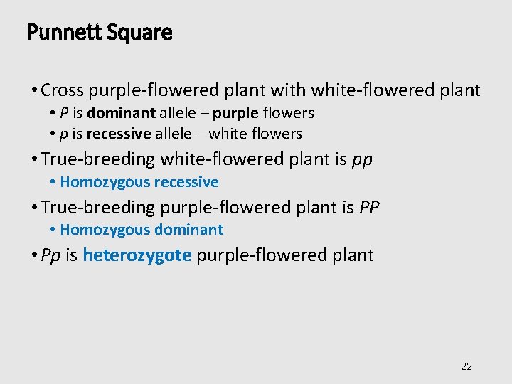 Punnett Square • Cross purple-flowered plant with white-flowered plant • P is dominant allele