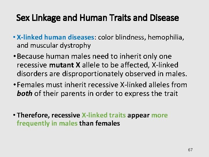 Sex Linkage and Human Traits and Disease • X-linked human diseases: color blindness, hemophilia,