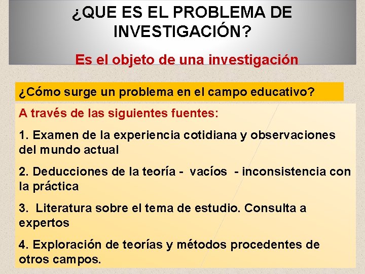 ¿QUE ES EL PROBLEMA DE INVESTIGACIÓN? Es el objeto de una investigación ¿Cómo surge