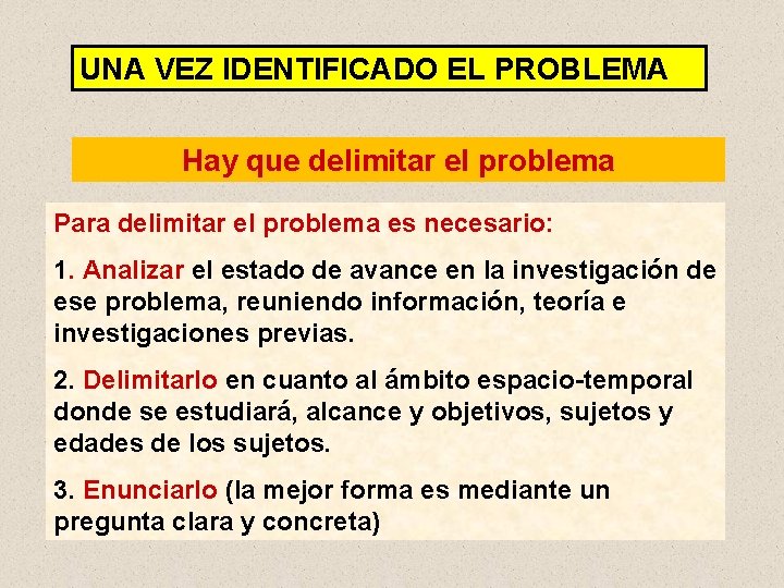 UNA VEZ IDENTIFICADO EL PROBLEMA Hay que delimitar el problema Para delimitar el problema
