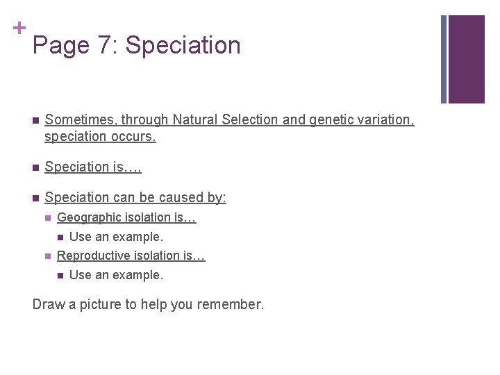 + Page 7: Speciation n Sometimes, through Natural Selection and genetic variation, speciation occurs.