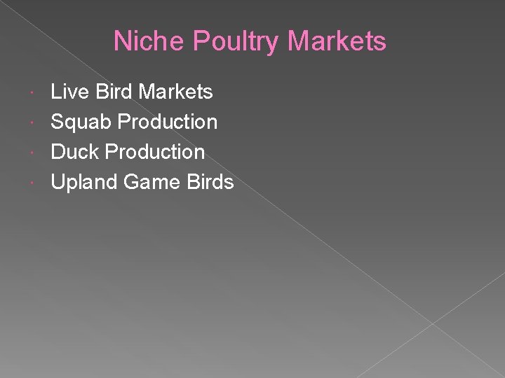 Niche Poultry Markets Live Bird Markets Squab Production Duck Production Upland Game Birds 