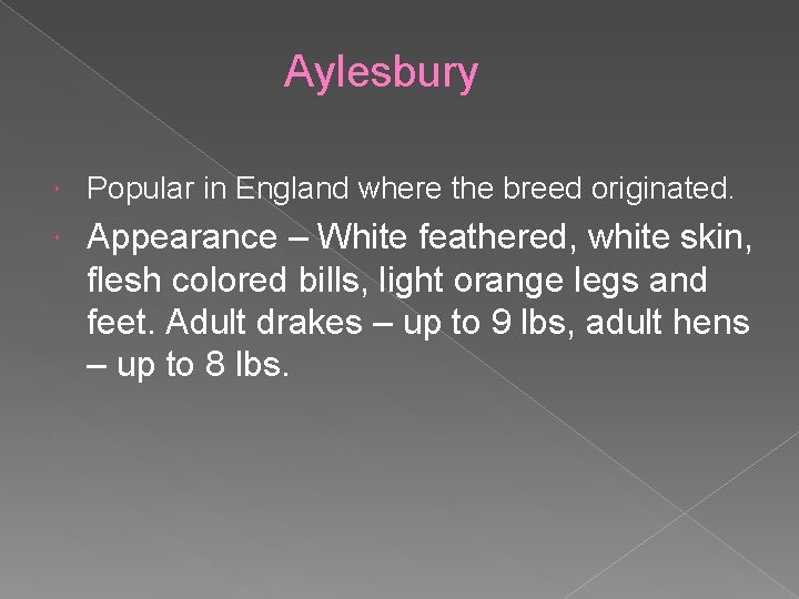 Aylesbury Popular in England where the breed originated. Appearance – White feathered, white skin,