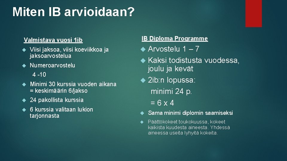 Miten IB arvioidaan? Valmistava vuosi 1 ib Viisi jaksoa, viisi koeviikkoa ja jaksoarvostelua Numeroarvostelu