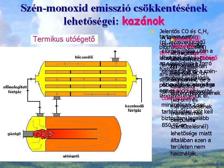 Szén-monoxid emisszió csökkentésének lehetőségei: kazánok n Termikus utóégető Jelentős CO és Cx. Hy tartalom