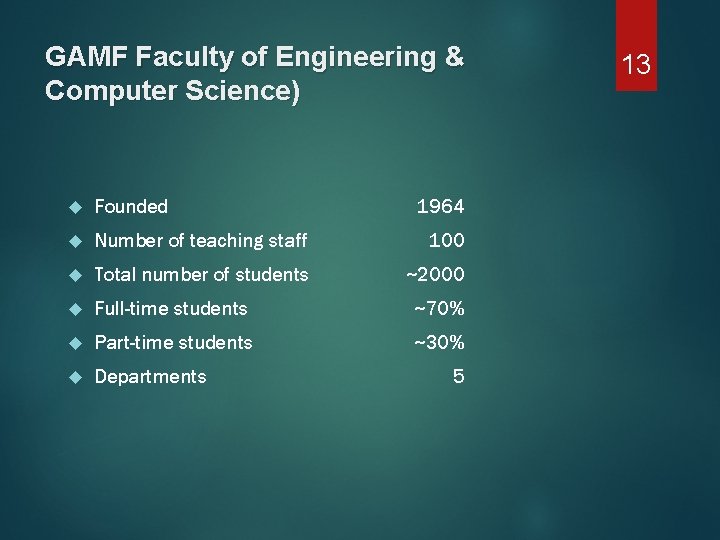 GAMF Faculty of Engineering & Computer Science) Founded 1964 Number of teaching staff 100