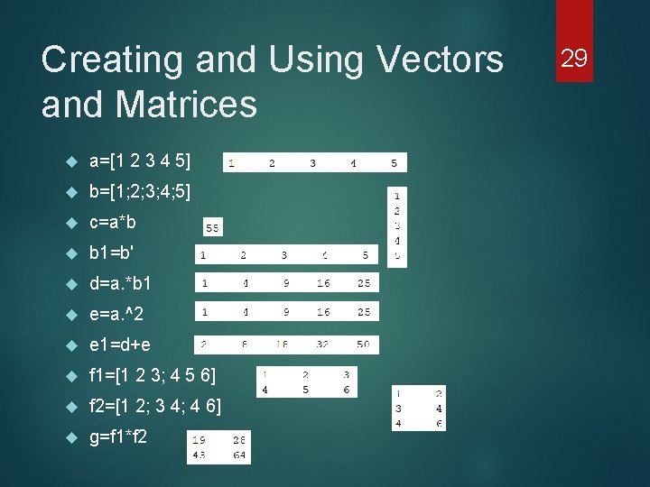 Creating and Using Vectors and Matrices a=[1 2 3 4 5] b=[1; 2; 3;