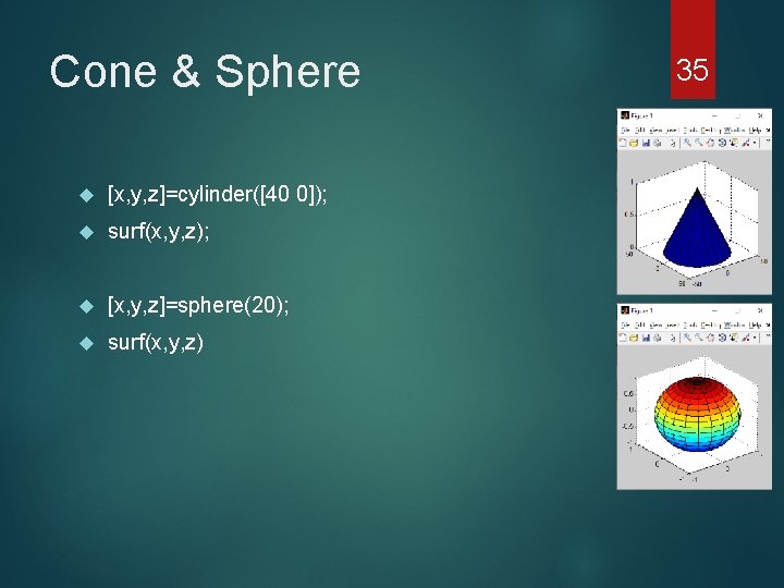 Cone & Sphere [x, y, z]=cylinder([40 0]); surf(x, y, z); [x, y, z]=sphere(20); surf(x,