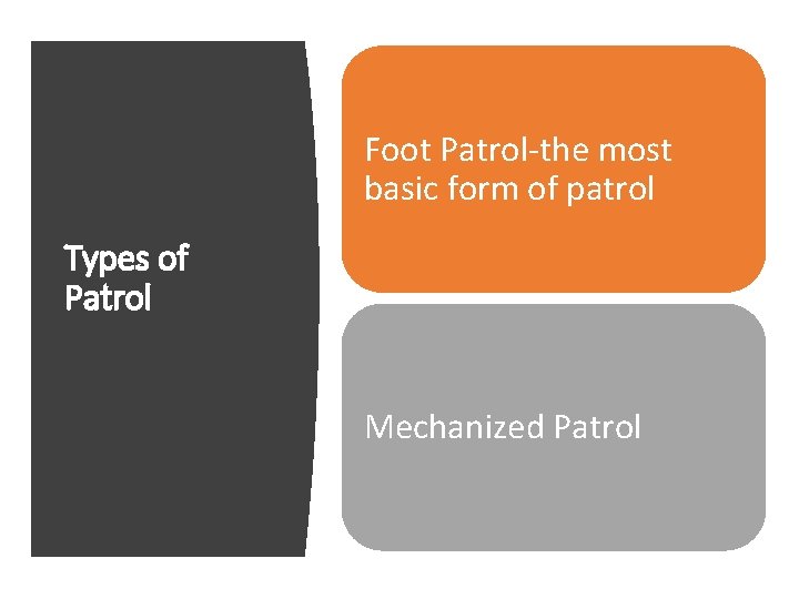 Foot Patrol-the most basic form of patrol Types of Patrol Mechanized Patrol 