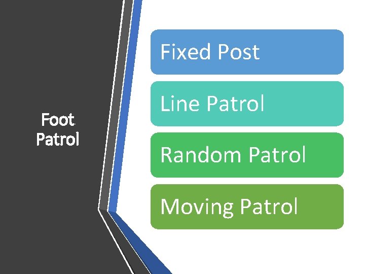 Fixed Post Foot Patrol Line Patrol Random Patrol Moving Patrol 