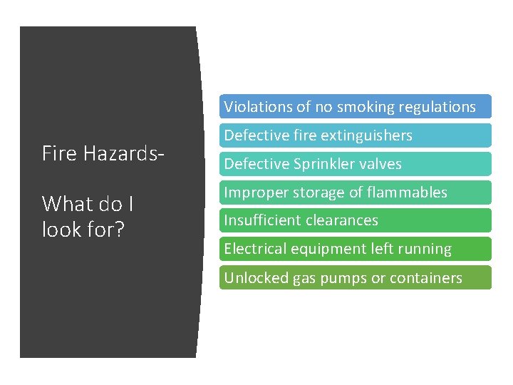 Violations of no smoking regulations Fire Hazards. What do I look for? Defective fire