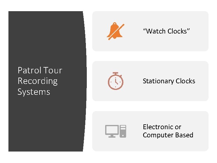 “Watch Clocks” Patrol Tour Recording Systems Stationary Clocks Electronic or Computer Based 