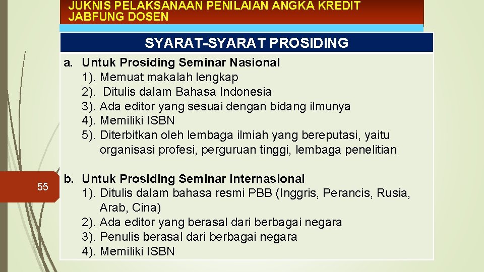 JUKNIS PELAKSANAAN PENILAIAN ANGKA KREDIT JABFUNG DOSEN SYARAT-SYARAT PROSIDING a. Untuk Prosiding Seminar Nasional