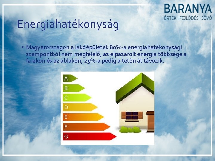 Energiahatékonyság • Magyarországon a lakóépületek 80%-a energiahatékonysági szempontból nem megfelelő, az elpazarolt energia többsége Energiahatékonyság • Magyarországon a lakóépületek 80%-a energiahatékonysági szempontból nem megfelelő, az elpazarolt energia többsége