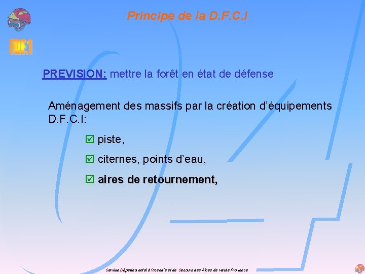 Principe de la D. F. C. I PREVISION: mettre la forêt en état de