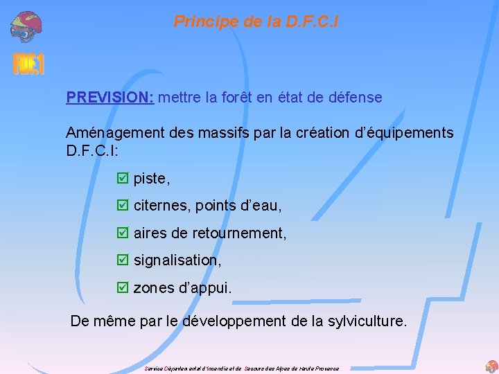 Principe de la D. F. C. I PREVISION: mettre la forêt en état de