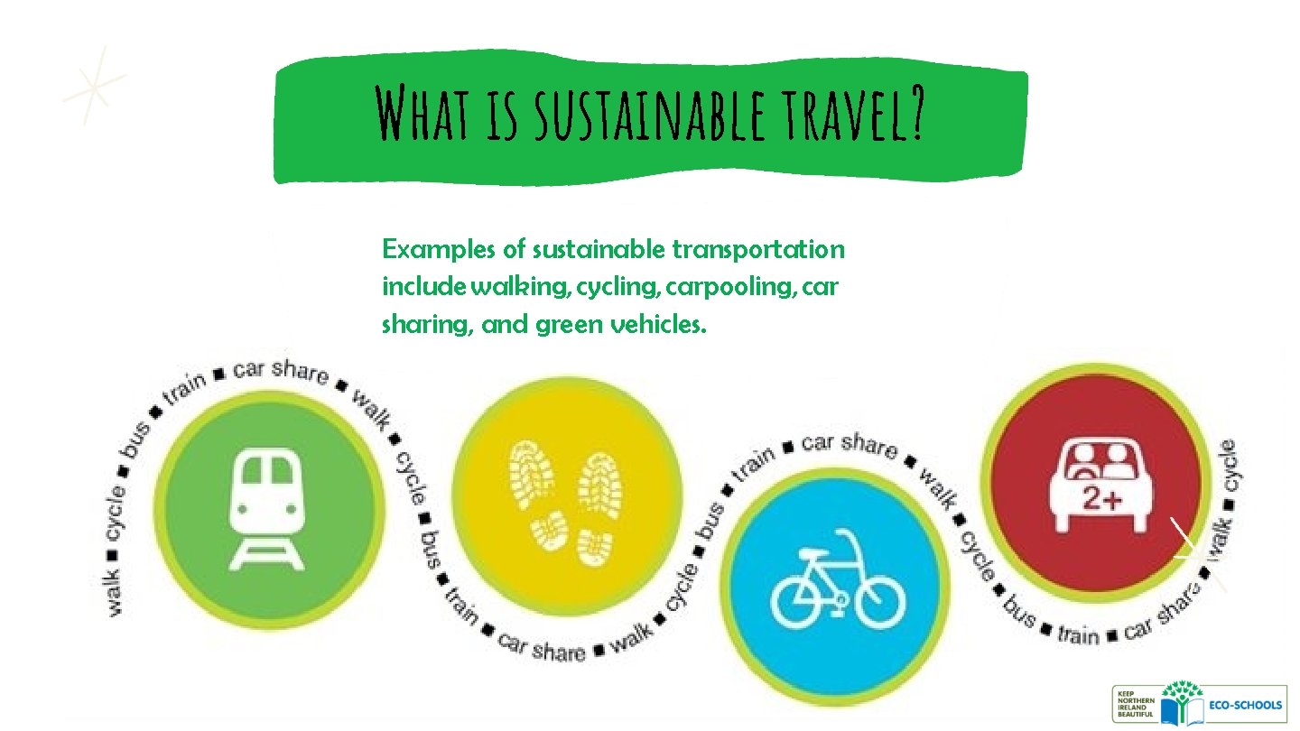 What is sustainable travel? Examples of sustainable transportation include walking, cycling, carpooling, car sharing,
