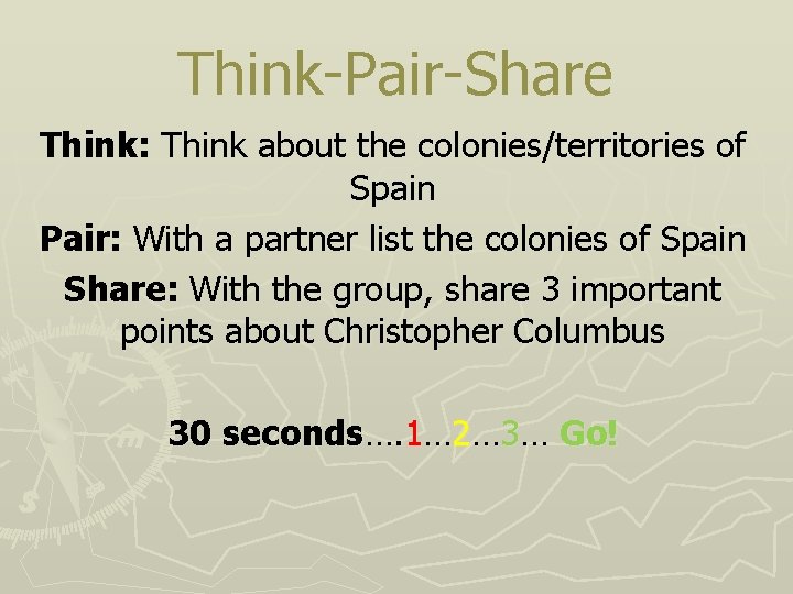Think-Pair-Share Think: Think about the colonies/territories of Spain Pair: With a partner list the