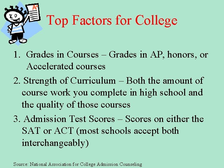 Top Factors for College 1. Grades in Courses – Grades in AP, honors, or