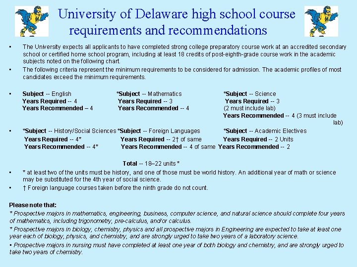 University of Delaware high school course requirements and recommendations • • • The University