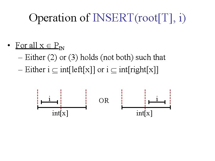 Operation of INSERT(root[T], i) • For all x PIN – Either (2) or (3)