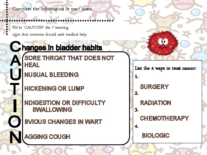Complete the information in your notes Fill-in ‘CAUTION’ the 7 warning signs that someone