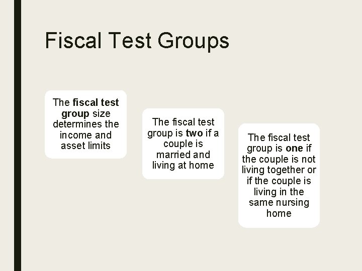 Fiscal Test Groups The fiscal test group size determines the income and asset limits