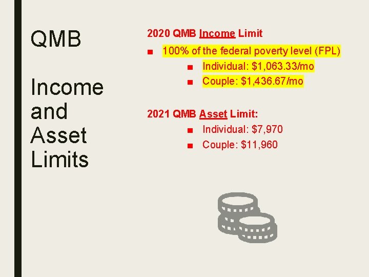 QMB Income and Asset Limits 2020 QMB Income Limit ■ 100% of the federal