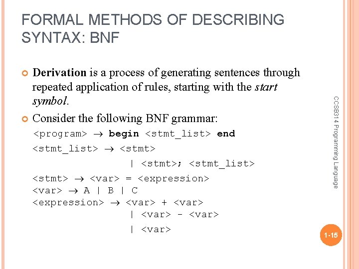 FORMAL METHODS OF DESCRIBING SYNTAX: BNF Derivation is a process of generating sentences through