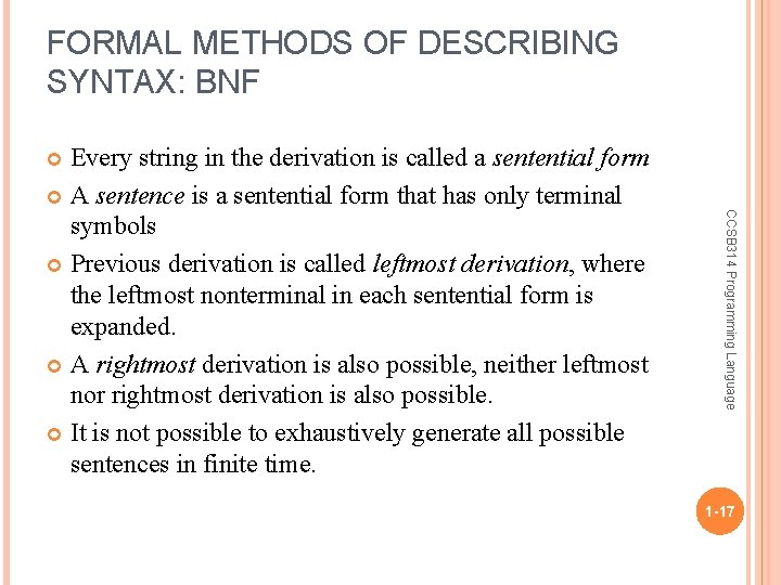 FORMAL METHODS OF DESCRIBING SYNTAX: BNF Every string in the derivation is called a