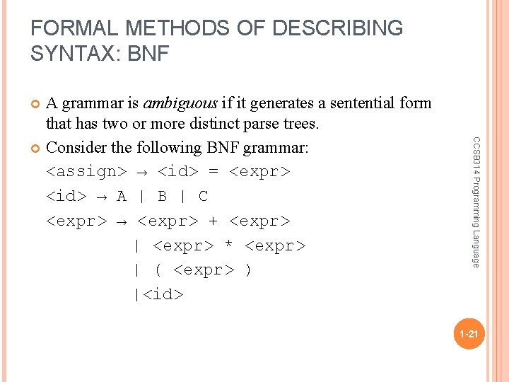 FORMAL METHODS OF DESCRIBING SYNTAX: BNF A grammar is ambiguous if it generates a