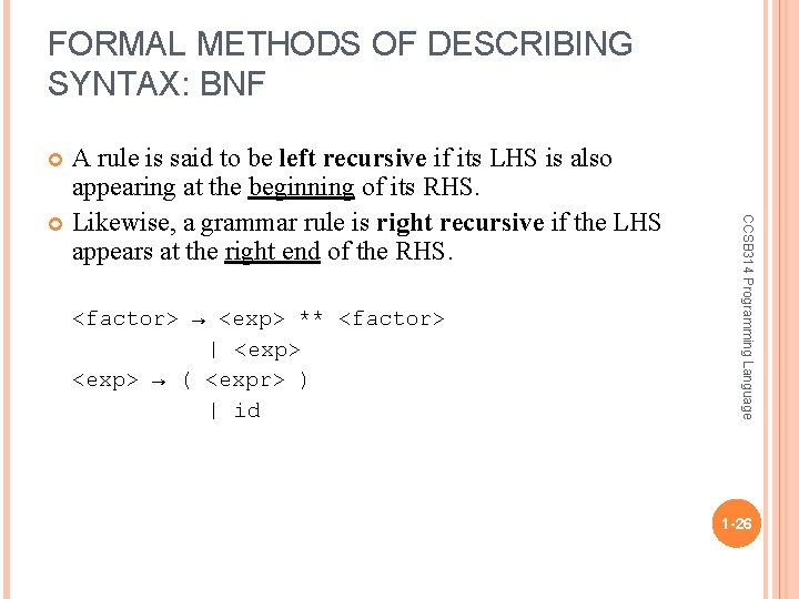 FORMAL METHODS OF DESCRIBING SYNTAX: BNF A rule is said to be left recursive
