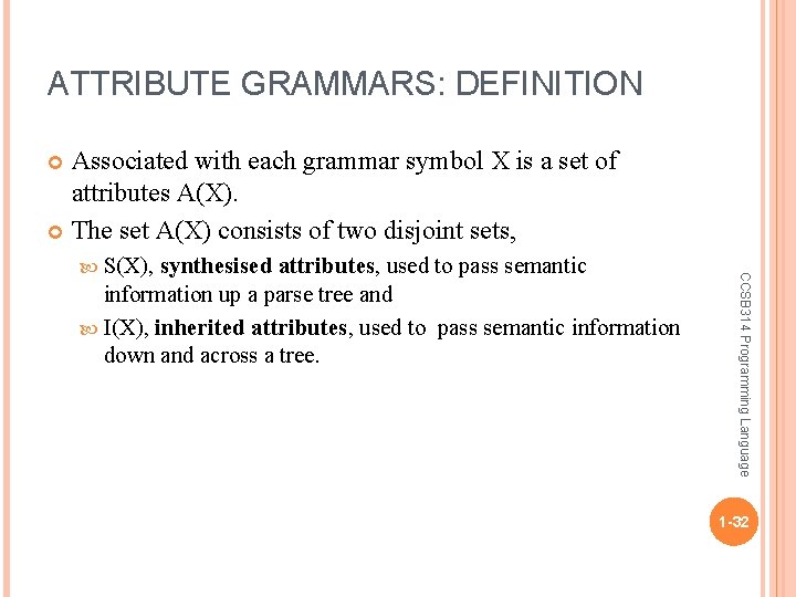 ATTRIBUTE GRAMMARS: DEFINITION Associated with each grammar symbol X is a set of attributes
